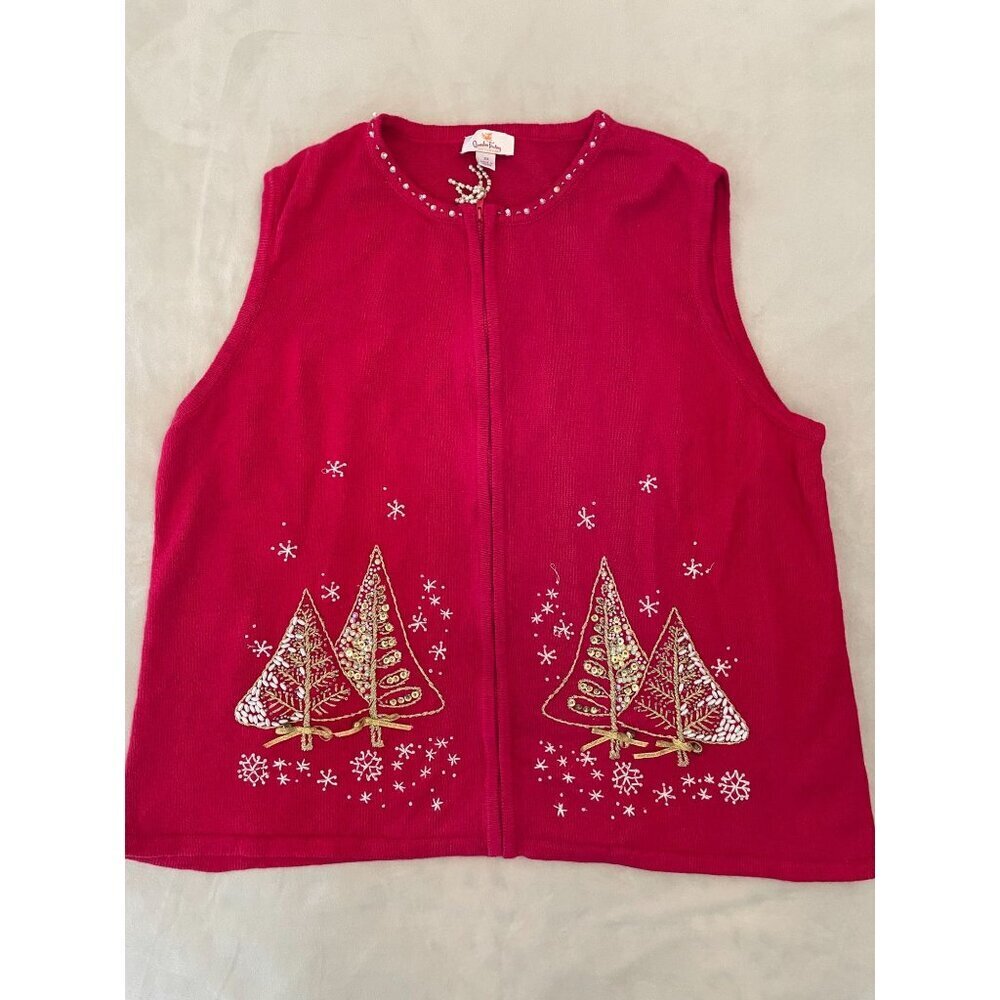 Quacker Factory Women's Christmas Sweater Vest 2X Red Beaded Sequin Trees